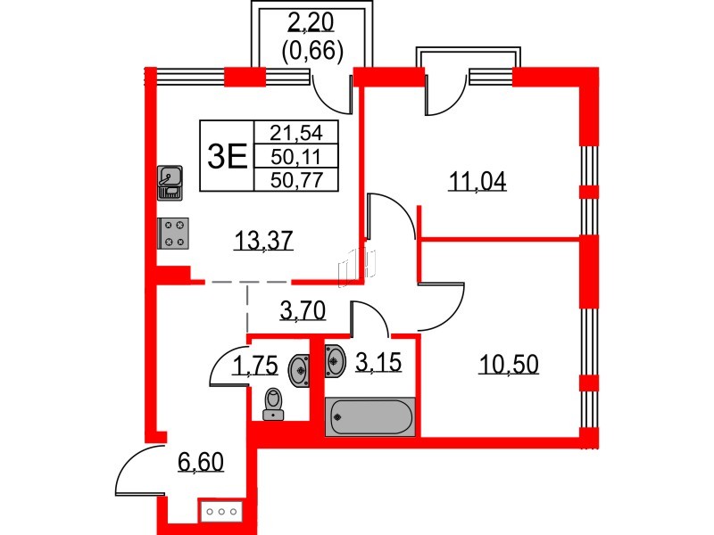 Квартира в ЖК Невская долина, 2 комнатная, 50.77 м², 13 этаж