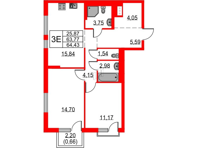 Квартира в ЖК Невская долина, 2 комнатная, 64.43 м², 7 этаж