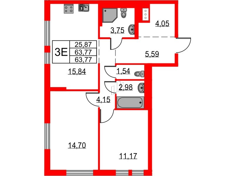 Квартира в ЖК Невская долина, 2 комнатная, 63.77 м², 16 этаж