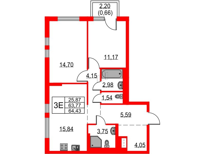 Квартира в ЖК Невская долина, 2 комнатная, 64.43 м², 12 этаж