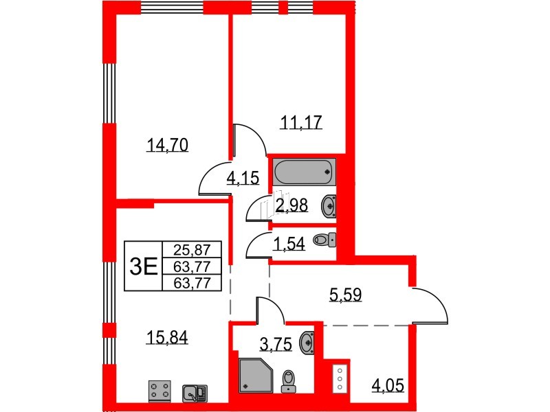 Квартира в ЖК Невская долина, 2 комнатная, 63.77 м², 18 этаж