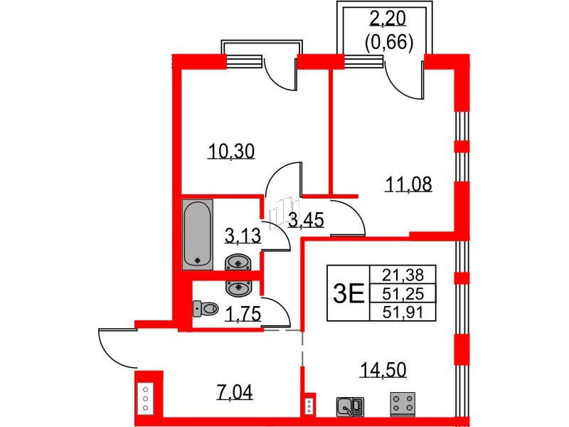 Квартира в ЖК Невская долина, 2 комнатная, 51.91 м², 11 этаж