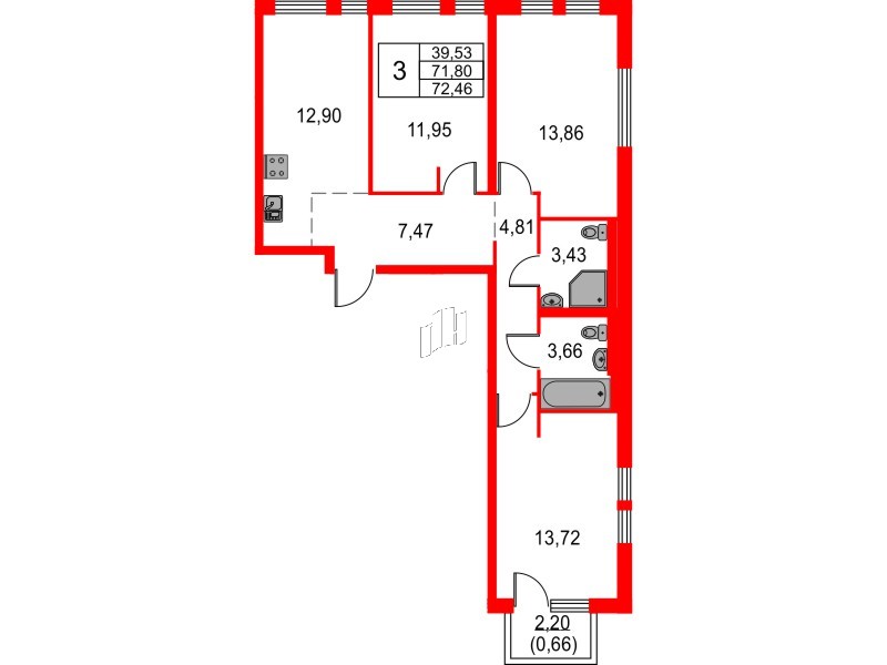 Квартира в ЖК Невская долина, 3 комнатная, 72.46 м², 8 этаж