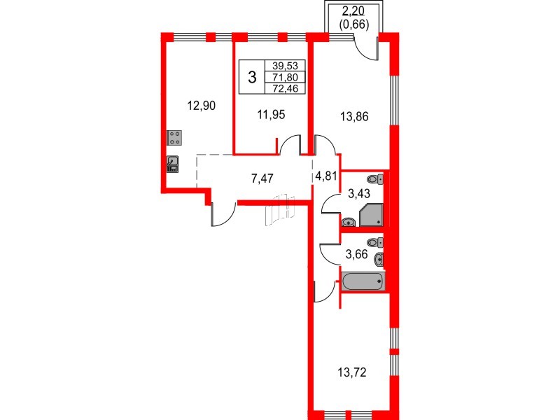 Квартира в ЖК Невская долина, 3 комнатная, 72.46 м², 10 этаж