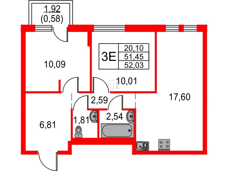 Квартира в ЖК Невская долина, 2 комнатная, 52.03 м², 7 этаж
