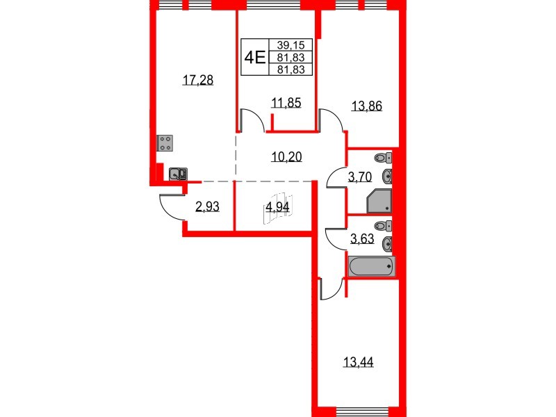 Квартира в ЖК Невская долина, 3 комнатная, 81.83 м², 1 этаж