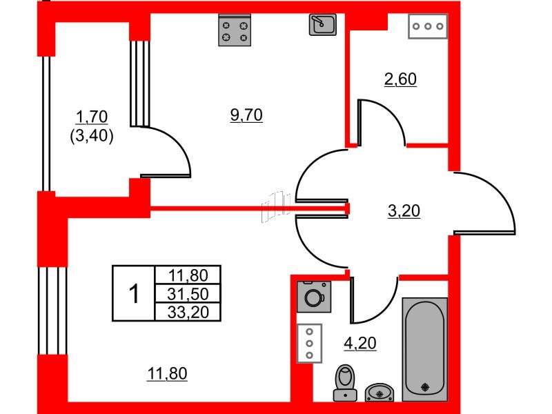 Квартира в ЖК Тайм Сквер, 1 комнатная, 33.2 м², 10 этаж