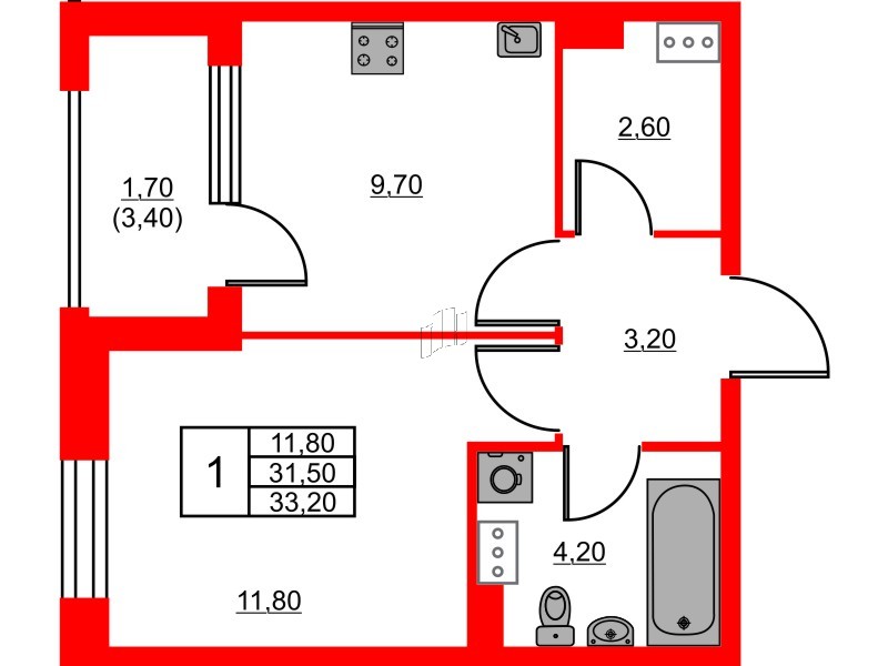 Квартира в ЖК Тайм Сквер, 1 комнатная, 33.2 м², 11 этаж