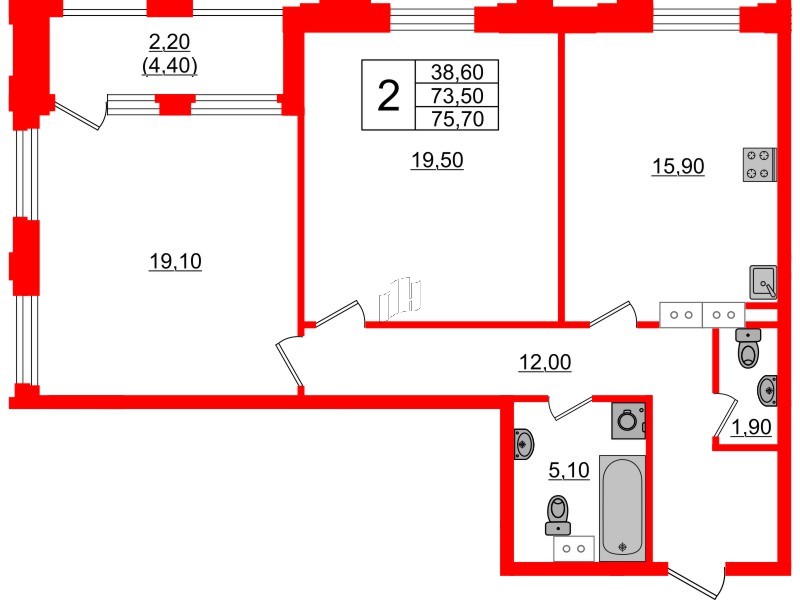 Квартира в ЖК Тайм Сквер, 2 комнатная, 75.7 м², 4 этаж