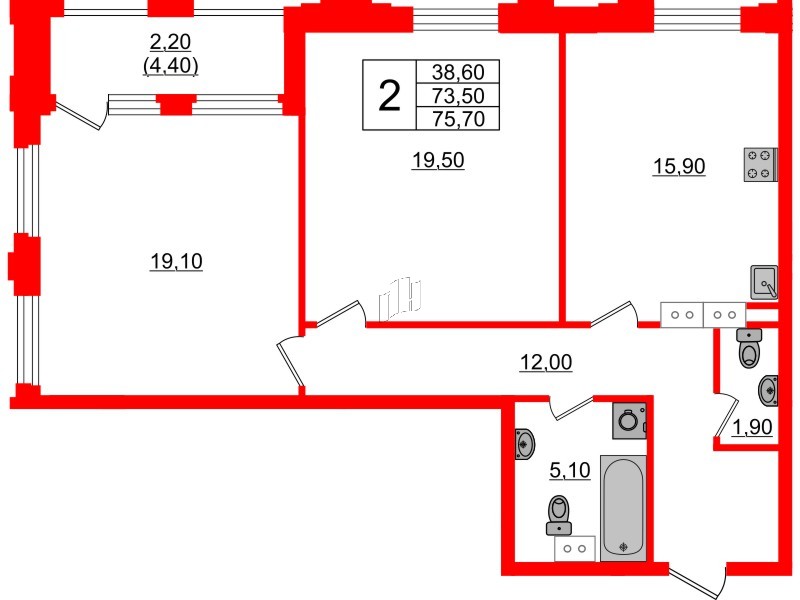 Квартира в ЖК Тайм Сквер, 2 комнатная, 75.7 м², 7 этаж