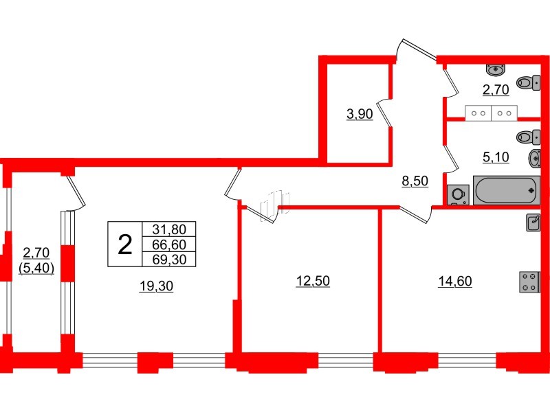 Квартира в ЖК Тайм Сквер, 2 комнатная, 69.3 м², 9 этаж