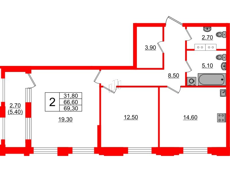 Квартира в ЖК Тайм Сквер, 2 комнатная, 69.3 м², 10 этаж