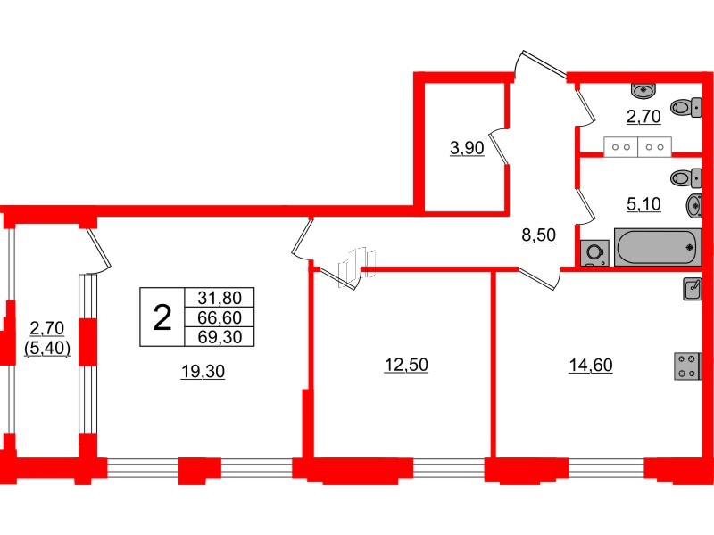 Квартира в ЖК Тайм Сквер, 2 комнатная, 69.3 м², 13 этаж