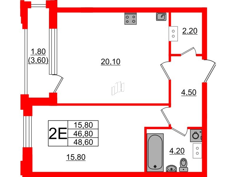Квартира в ЖК Тайм Сквер, 1 комнатная, 48.6 м², 13 этаж