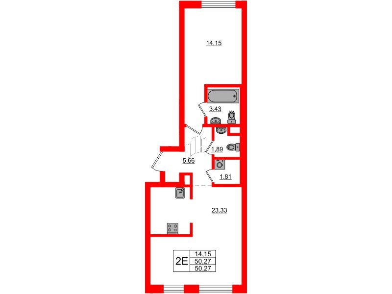 Квартира в ЖК UP-квартал Новый Московский, 1 комнатная, 50.27 м², 2 этаж