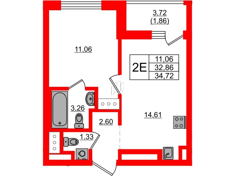 Квартира в ЖК UP-квартал Новый Московский, 1 комнатная, 34.72 м², 6 этаж