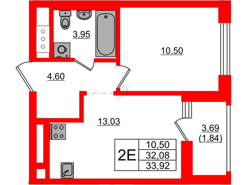 Квартира в ЖК UP-квартал Новый Московский, 1 комнатная, 33.92 м², 7 этаж