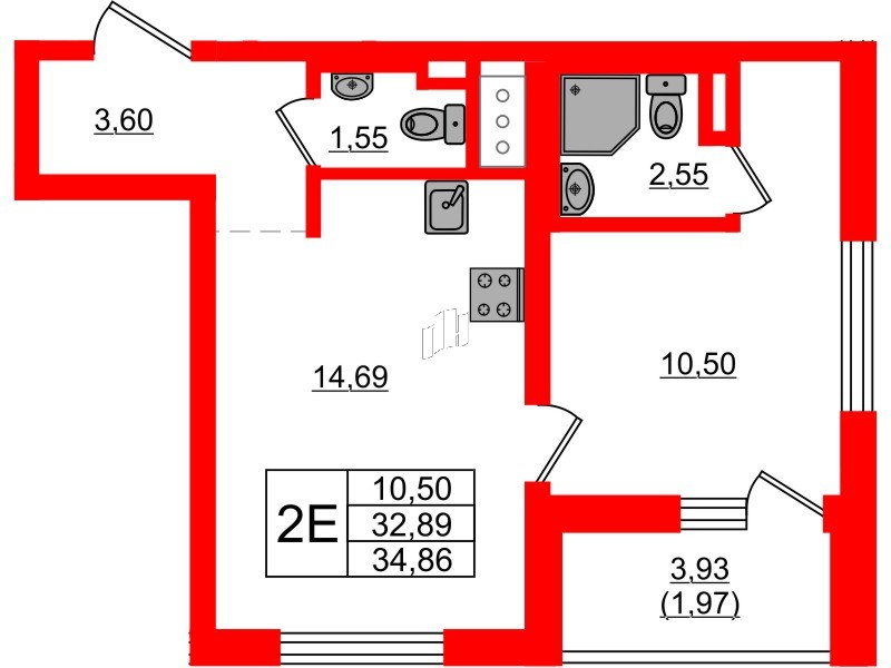 Квартира в ЖК UP-квартал Новый Московский, 1 комнатная, 34.86 м², 2 этаж