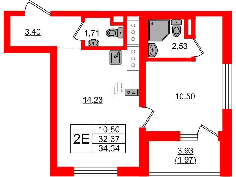 Квартира в ЖК UP-квартал Новый Московский, 1 комнатная, 34.34 м², 3 этаж
