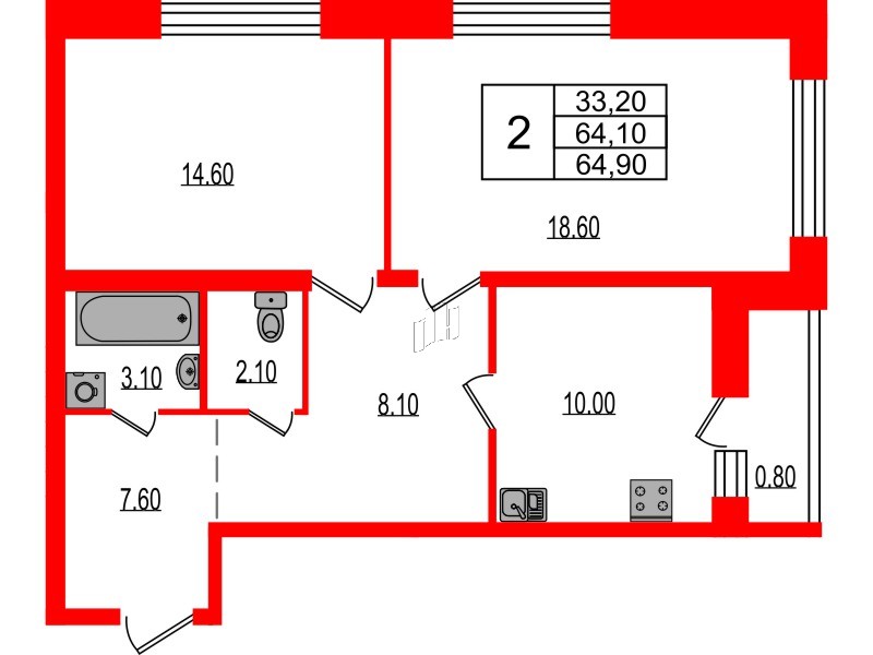 Квартира в ЖК Эко Гармония, 2 комнатная, 65.1 м², 1 этаж