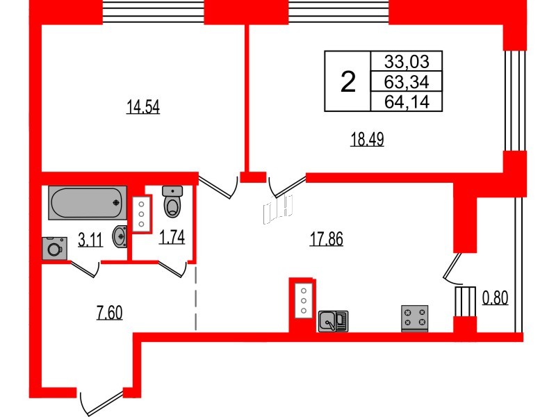 Квартира в ЖК Эко Гармония, 2 комнатная, 64.14 м², 7 этаж
