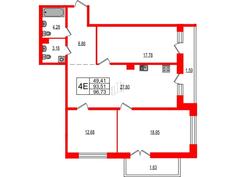 Квартира в ЖК Эко Гармония, 3 комнатная, 96.73 м², 1 этаж