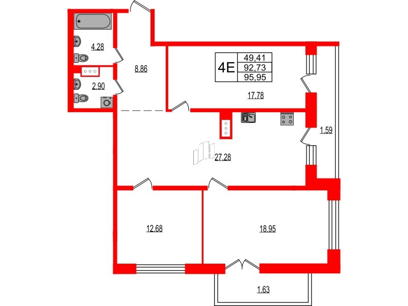 Квартира в ЖК Эко Гармония, 3 комнатная, 95.95 м², 4 этаж
