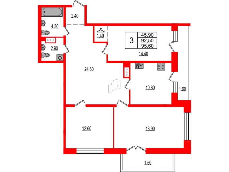 Квартира в ЖК Эко Гармония, 3 комнатная, 95.95 м², 9 этаж