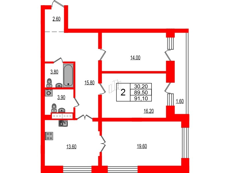 Квартира в ЖК Эко Гармония, 3 комнатная, 91.1 м², 7 этаж