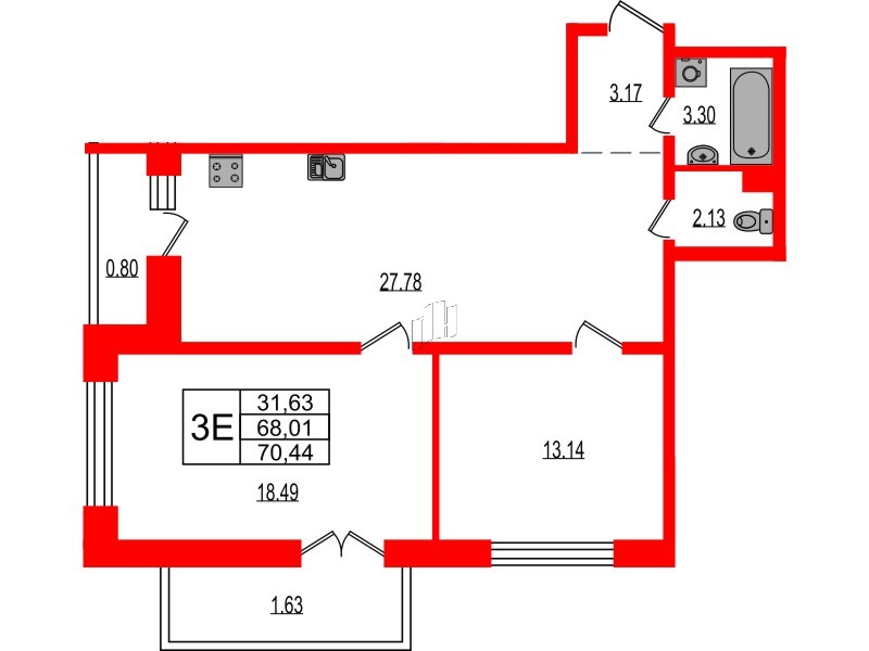Квартира в ЖК Эко Гармония, 2 комнатная, 70.44 м², 1 этаж