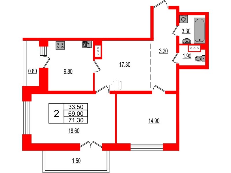 Квартира в ЖК Эко Гармония, 2 комнатная, 69.69 м², 5 этаж