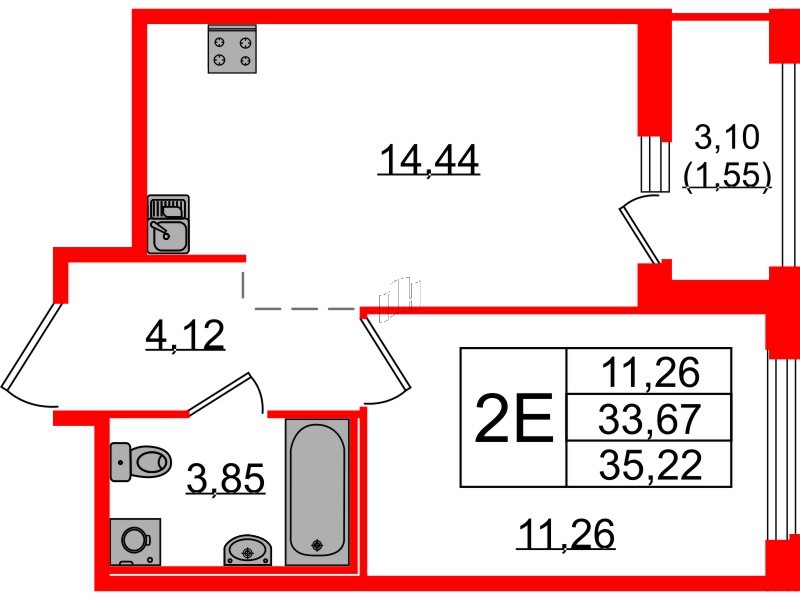 Квартира в ЖК «Парголово», 1 комнатная, 35.22 м², 15 этаж