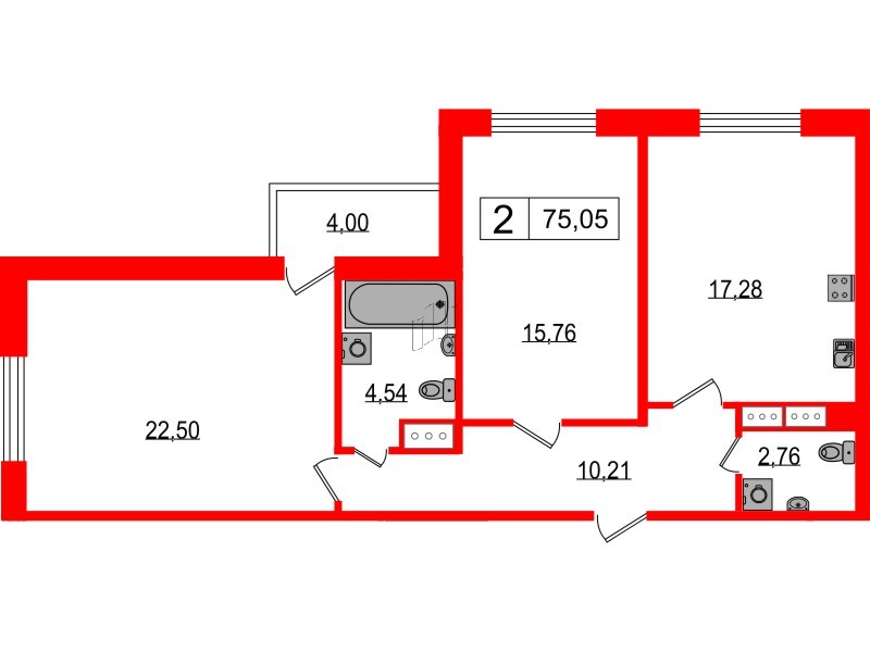 Квартира в ЖК Фотограф, 2 комнатная, 74 м², 2 этаж