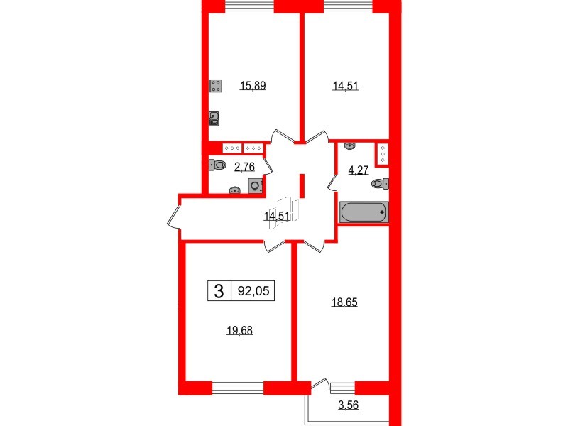 Квартира в ЖК Фотограф, 3 комнатная, 90.4 м², 8 этаж