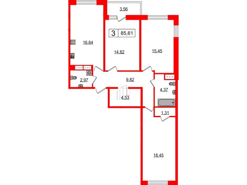 Квартира в ЖК Фотограф, 3 комнатная, 91 м², 9 этаж