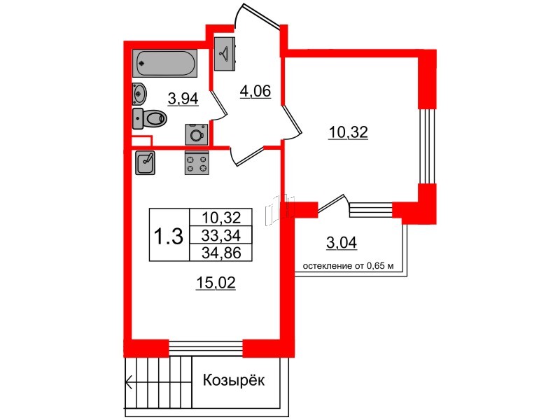Квартира в ЖК Univer City, 1 комнатная, 32.6 м², 1 этаж