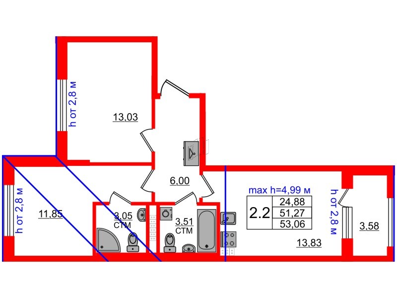 Квартира в ЖК «Дворцовый фасад», 2 комнатная, 51.27 м², 4 этаж