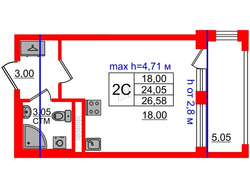 Квартира в ЖК «Дворцовый фасад», студия, 24.05 м², 4 этаж
