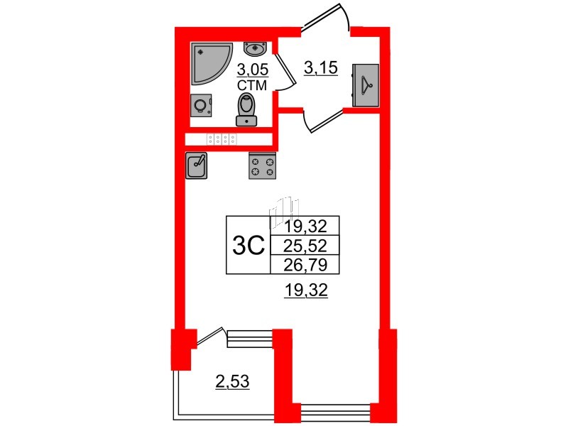 Квартира в ЖК «Дворцовый фасад», студия, 25.52 м², 3 этаж