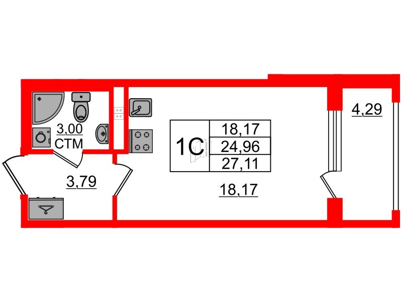 Квартира в ЖК «Дворцовый фасад», студия, 24.96 м², 3 этаж