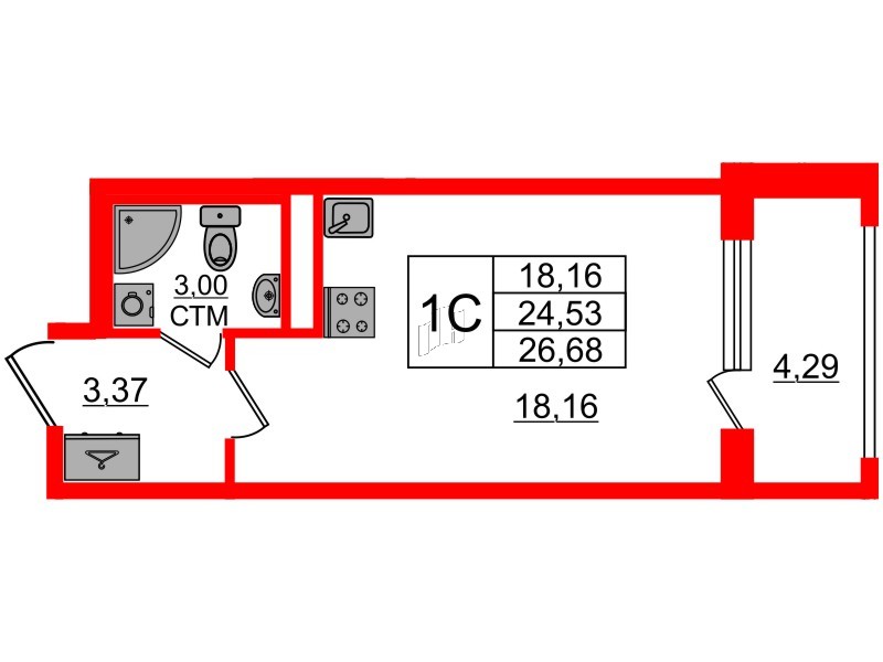 Квартира в ЖК «Дворцовый фасад», студия, 24.53 м², 2 этаж