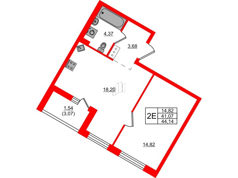 Квартира в ЖК «Черная Речка», 1 комнатная, 44.14 м², 12 этаж