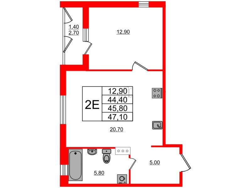 Квартира в ЖК Дзета, 1 комнатная, 45.8 м², 3 этаж