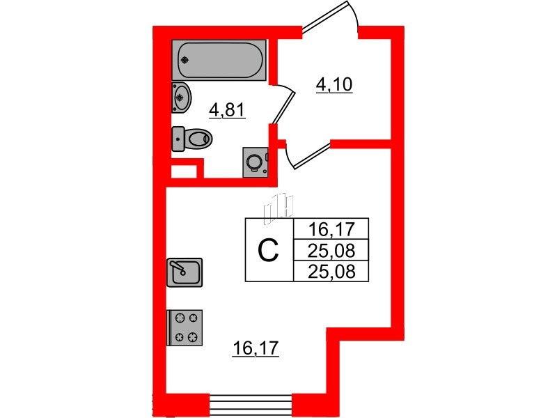 Квартира в ЖК «Новая история», студия, 25.08 м², 1 этаж