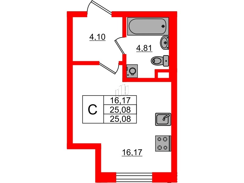 Квартира в ЖК «Новая история», студия, 25.08 м², 1 этаж