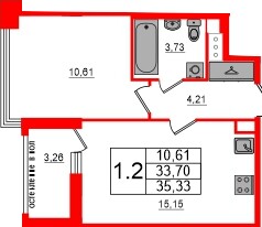 Квартира в ЖК «Титул в Московском», 1 комнатная, 33.7 м², 3 этаж