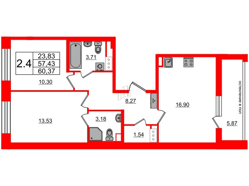 Квартира в ЖК Титул в Московском, 2 комнатная, 57.43 м², 5 этаж