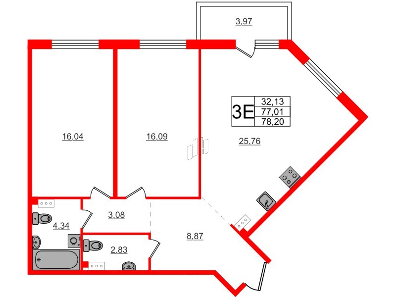 Квартира в ЖК Счастье 2.0, 2 комнатная, 78.3 м², 4 этаж