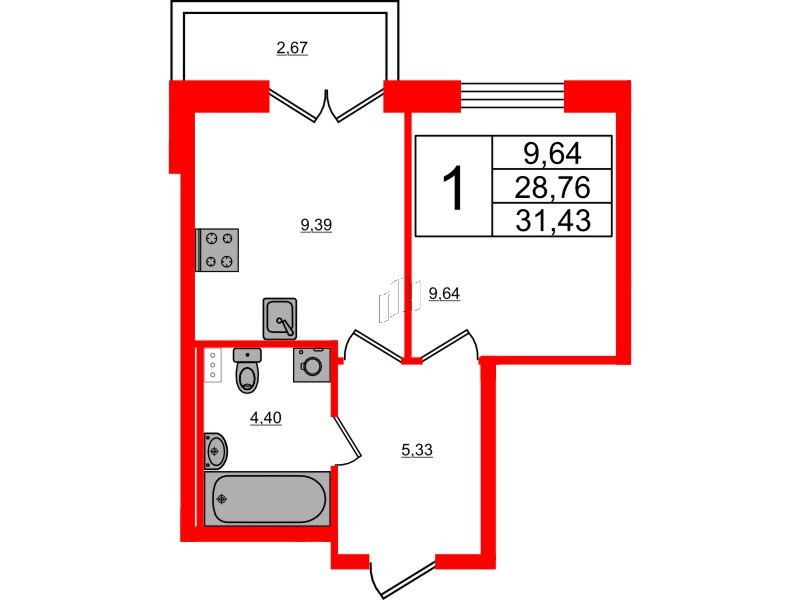 Квартира в ЖК Ново-Антропшино, 1 комнатная, 29.56 м², 1 этаж