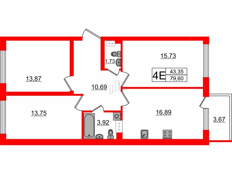 Квартира в ЖК Счастье 2.0, 3 комнатная, 79.6 м², 5 этаж